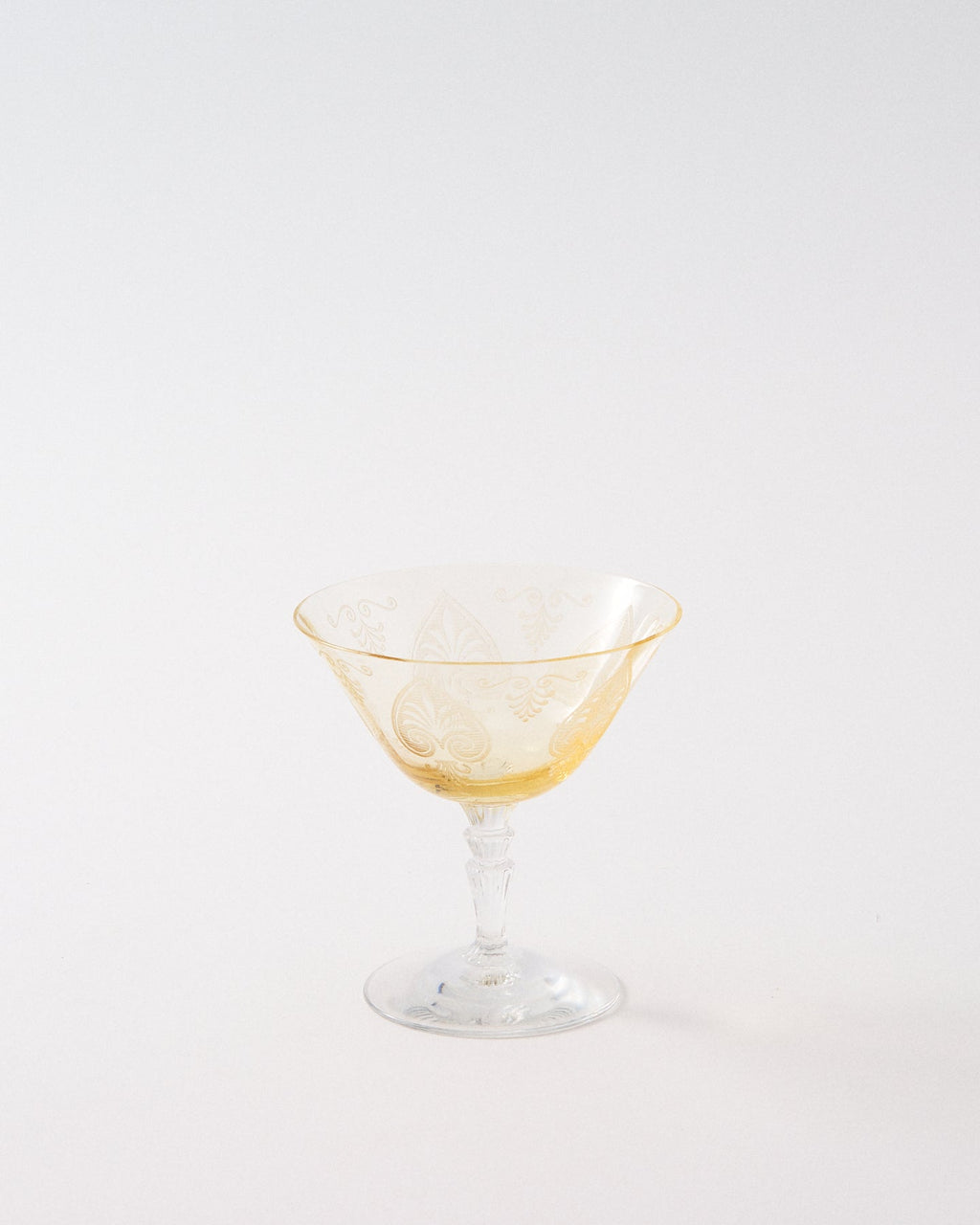 1930s American Etched Fleur-de-lis Topaz Low Waterfall Stem Cocktail Glass