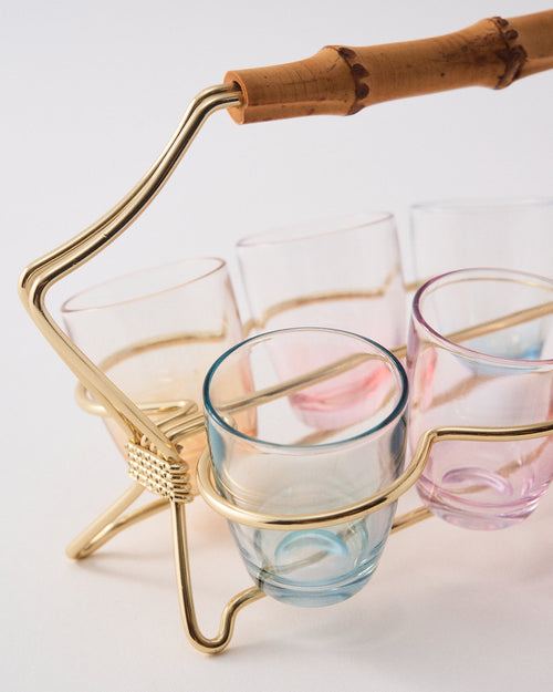 1950s Pale Iridescent Rainbow Bamboo Shot Glass Set I